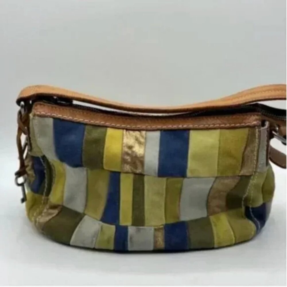Fossil Boho Checkered Patchwork Leather Suede Met… - image 1